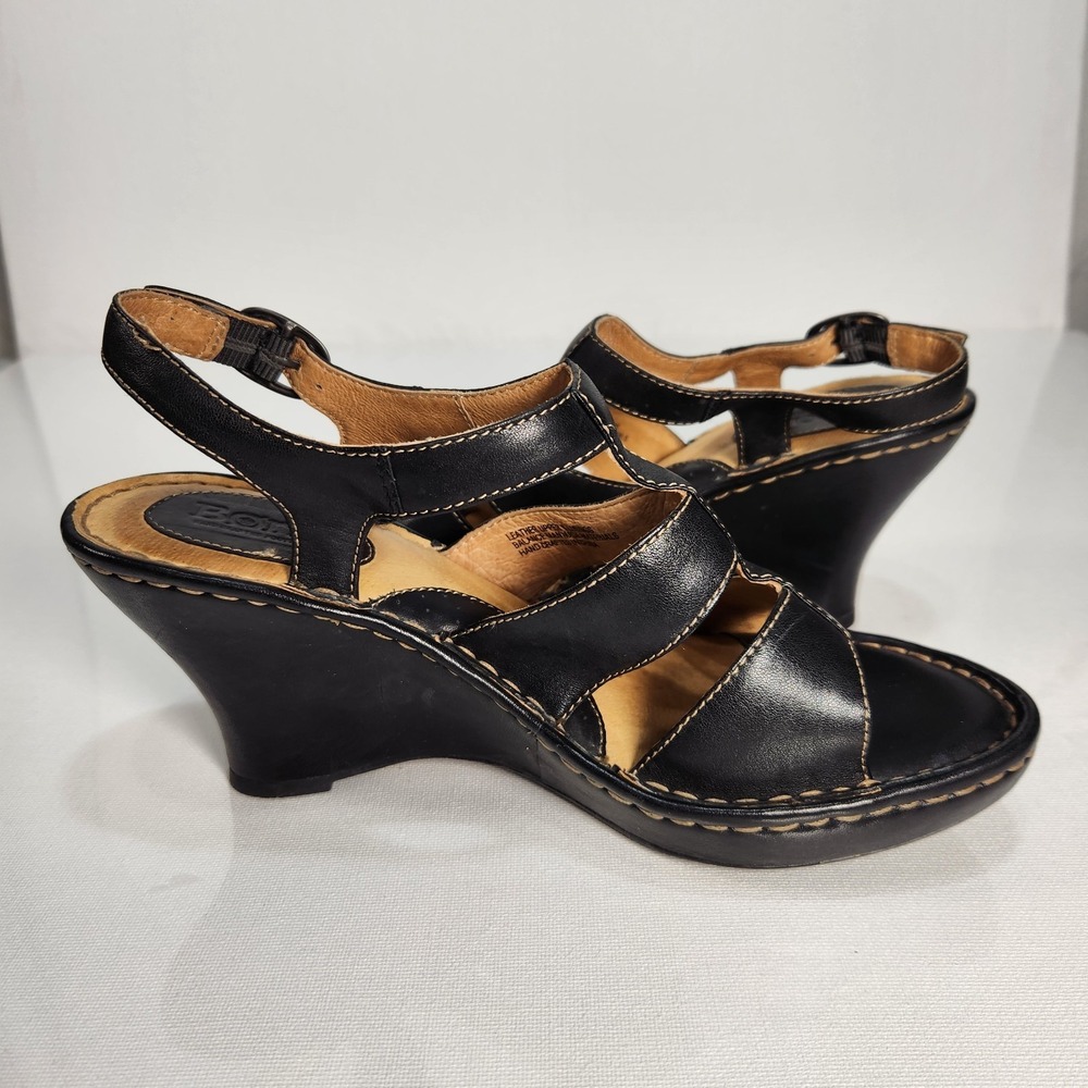 Born Womens Black Leather 3.5 in Open Toe Wedge Sandals Womens Size 8 W3090 - Picture 4 of 8